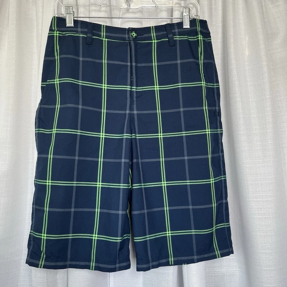 Under Armour Boys Navy Green Striped Loose Heat Gear Shorts Size YXL Waist 31